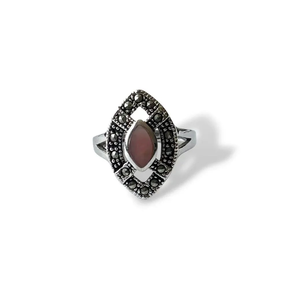 Vintage Thailand 925 Marcasite & Pink Mother of Pearl Ring - Size 7
